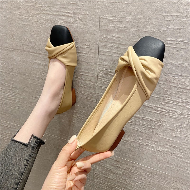 2023 Small Low Heel Shoes Shallow Mouth Square Toe Shoes Soft Top Shoes Apricot All-Match Shoes Foot Everyday Color Matching - Image 1