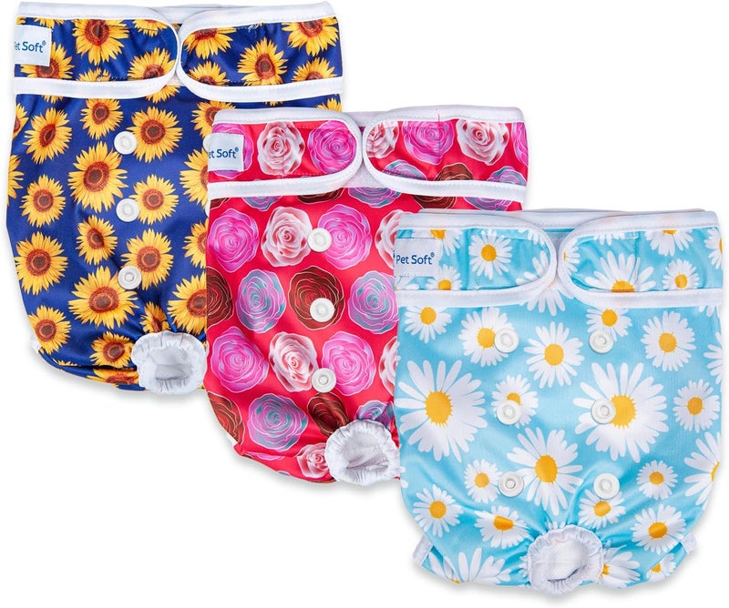 Pet Soft Female Dog Diapers - 3Pack Washable Dog Diapers Female for Girl Dog in Heat - Reusable Dog Period Panties|Puppy Diapers Female (Flower, S) - Image 1