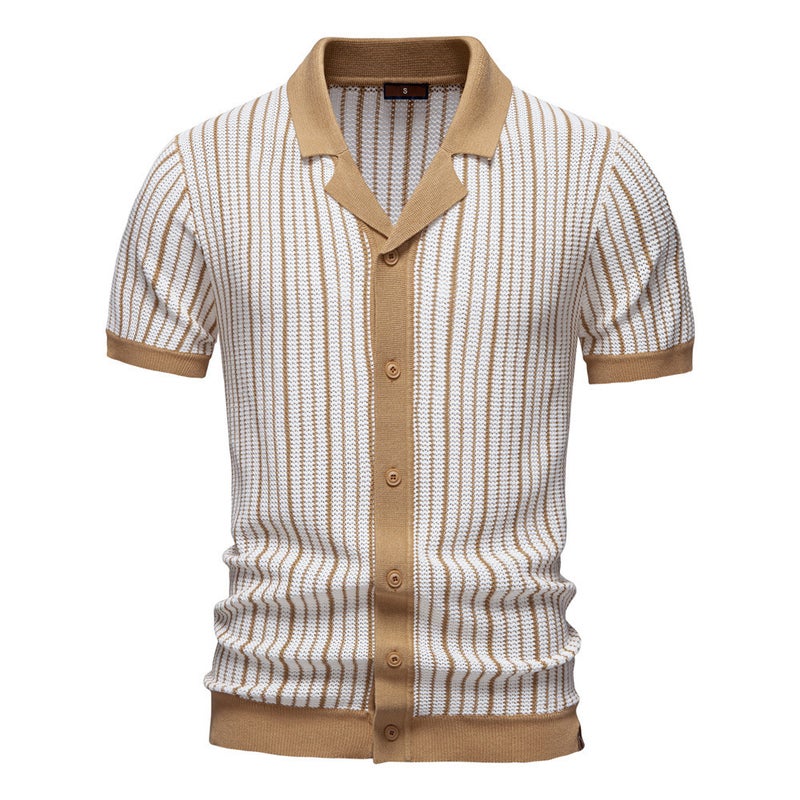 Men's Short Sleeve Striped Polo Shirt Business Casual Knit Top - Image 2