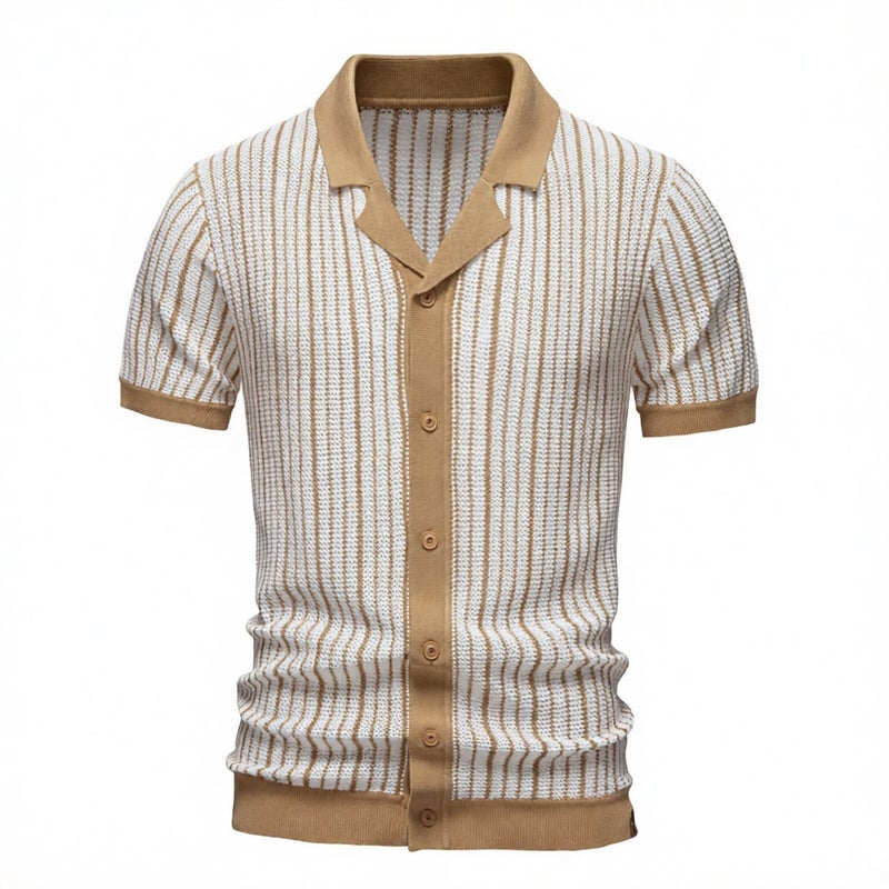 Men's Short Sleeve Striped Polo Shirt Business Casual Knit Top - Image 1