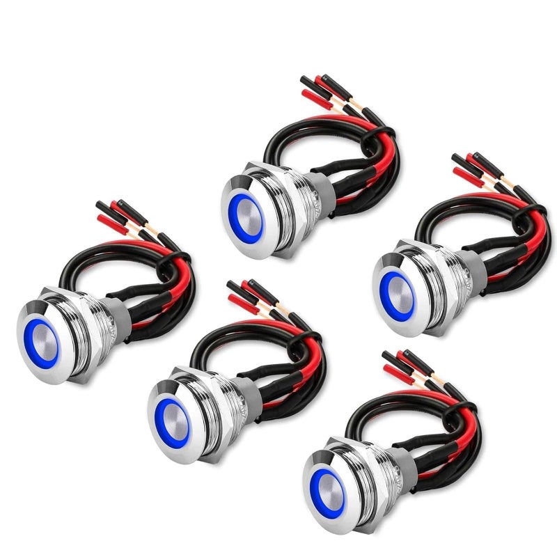 Linkstyle 5Pcs 19mm Latching Push Button Switch, 12V Metal Self Locking SPST ON-Off Switch with Wiring Harness & Blue Light for Boat Car - Image 1