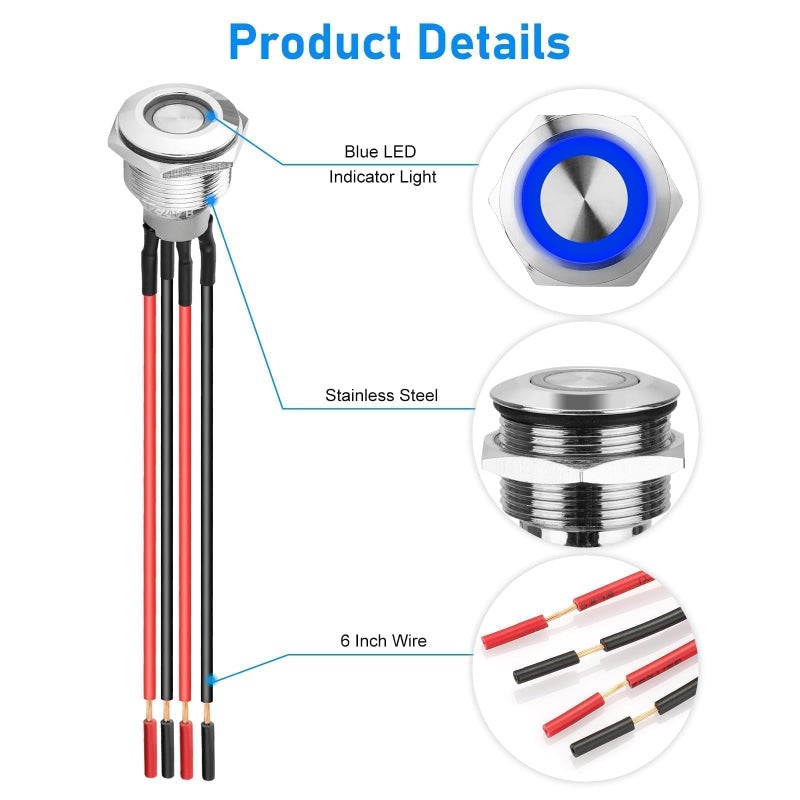 Linkstyle 5Pcs 19mm Latching Push Button Switch, 12V Metal Self Locking SPST ON-Off Switch with Wiring Harness & Blue Light for Boat Car - Image 4