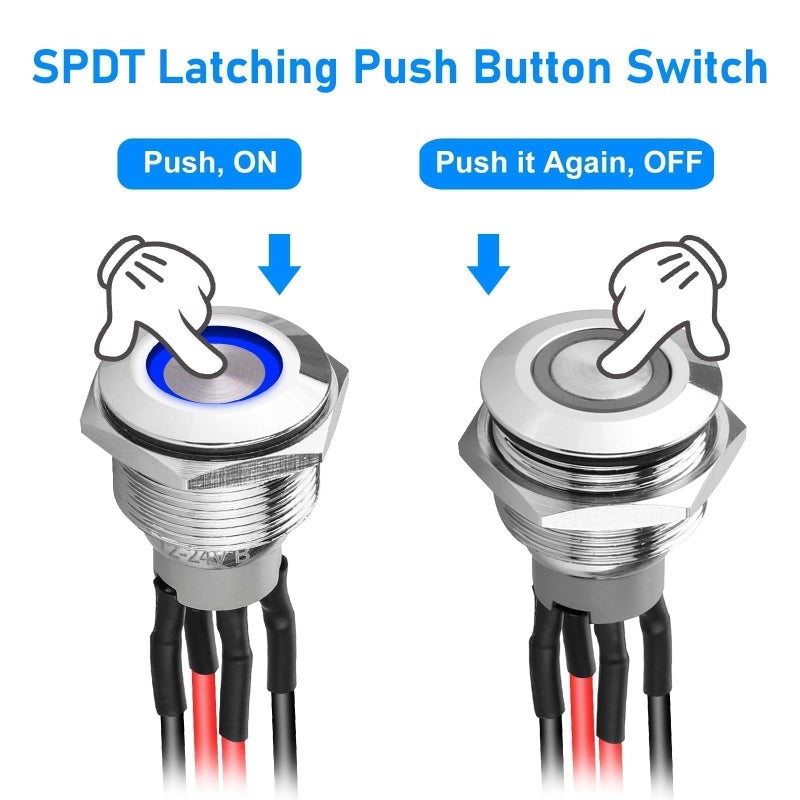 Linkstyle 5Pcs 19mm Latching Push Button Switch, 12V Metal Self Locking SPST ON-Off Switch with Wiring Harness & Blue Light for Boat Car - Image 3