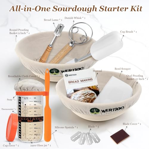 WERTIOO Sourdough Bread Baking Supplies, Sourdough Starter Kit, 2 9 Inch Round Banneton Bread Proofing Basket with 24 Oz Glass Jar, Sour Dough Tools with Danish Dough Whisk & Scraper - Image 4