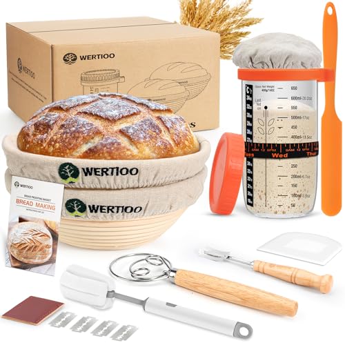 WERTIOO Sourdough Bread Baking Supplies, Sourdough Starter Kit, 2 9 Inch Round Banneton Bread Proofing Basket with 24 Oz Glass Jar, Sour Dough Tools with Danish Dough Whisk & Scraper - Image 1