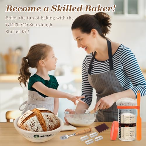 WERTIOO Sourdough Bread Baking Supplies, Sourdough Starter Kit, 2 9 Inch Round Banneton Bread Proofing Basket with 24 Oz Glass Jar, Sour Dough Tools with Danish Dough Whisk & Scraper - Image 3