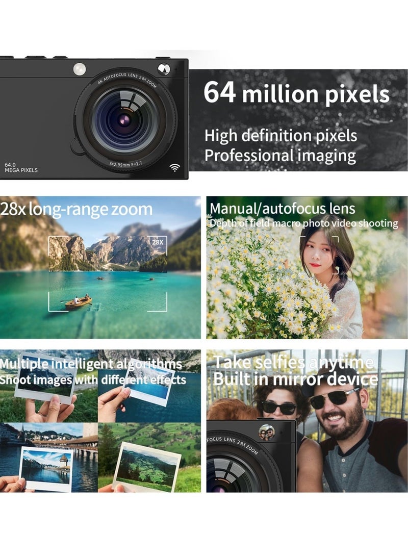 Generic - 64MP Digital Camera for Photography and Video, 4K Vlogging Camera for YouTube with IPS Screen, 28X Digital Zoom Digital Camera for Gift, Compact Anti Shake Vlogging Camera for Live Streaming Travel Photography High Definition Display Student Compact Camera，With 64GB SD card - Image 1