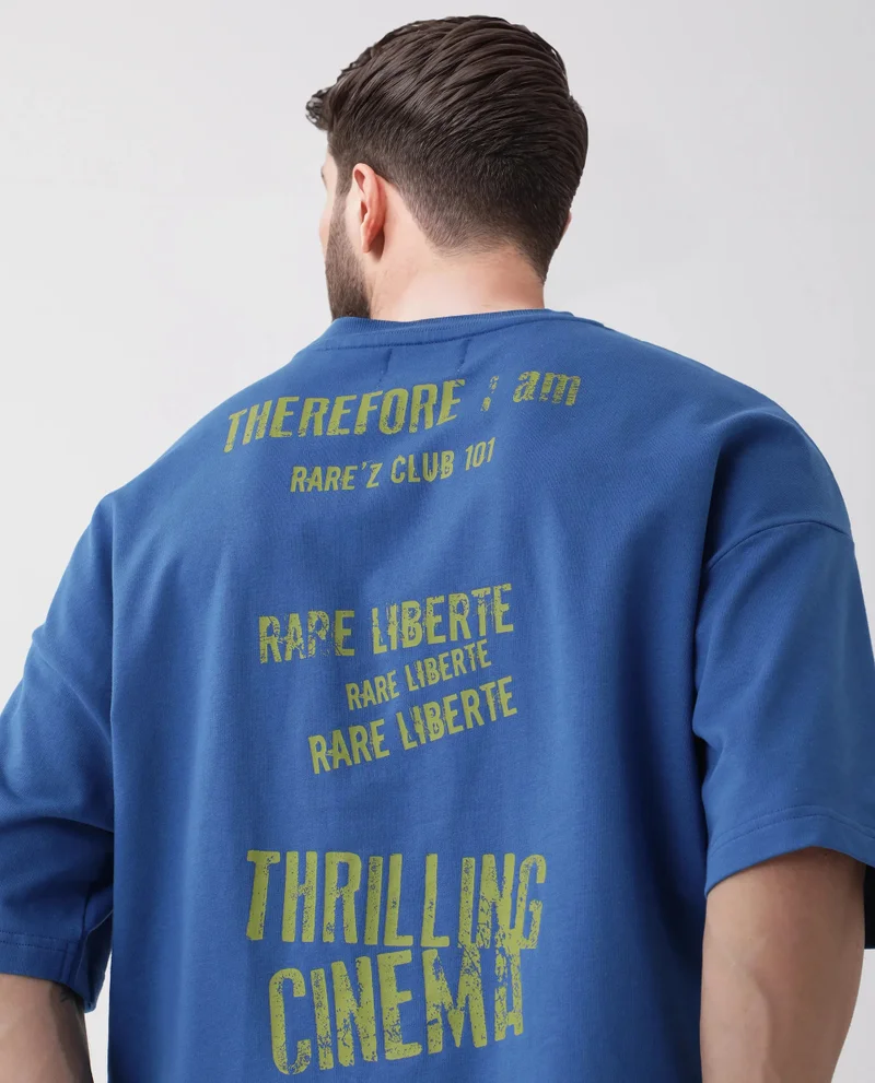 Rare Rabbit Rare Rabbit Men Moshe Flouroscent Blue Cotton Fabric Short Sleeve Oversized Fit Graphic Printed T-Shirt