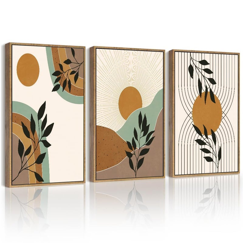 PHOPAGO Boho Wall Art Sage Plant Botanical Framed Wall Printing 11x14in Minimalist Bohemain Abstract Canvas Prints with Leaf Sun Lines Natural Framed - Image 2