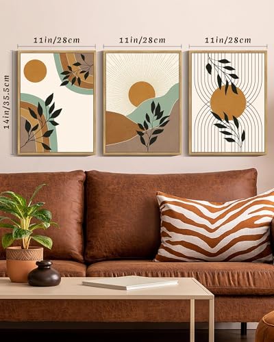 PHOPAGO Boho Wall Art Sage Plant Botanical Framed Wall Printing 11x14in Minimalist Bohemain Abstract Canvas Prints with Leaf Sun Lines Natural Framed - Image 3