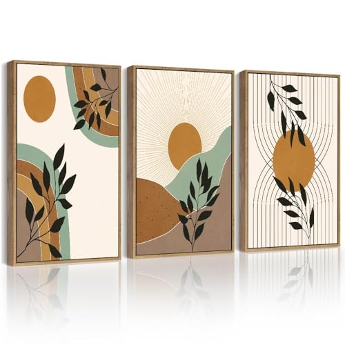 PHOPAGO Boho Wall Art Sage Plant Botanical Framed Wall Printing 11x14in Minimalist Bohemain Abstract Canvas Prints with Leaf Sun Lines Natural Framed - Image 1