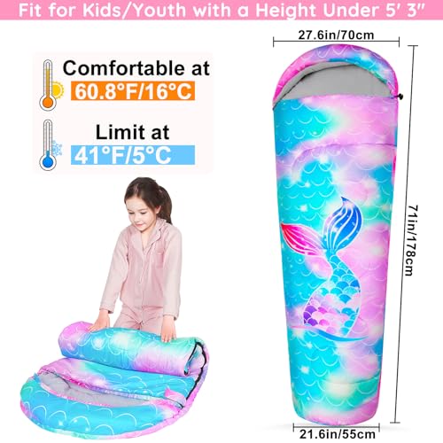 FIOBEE Kids Sleeping Bag for Girls Boys 3 Season Warm & Cool Weather Youth Camping Sleeping Bags with Backpacking Bag Waterproof for Traveling Hiking Indoor Outdoor Camping Essentials, Green Mermaid - Image 2