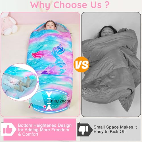 FIOBEE Kids Sleeping Bag for Girls Boys 3 Season Warm & Cool Weather Youth Camping Sleeping Bags with Backpacking Bag Waterproof for Traveling Hiking Indoor Outdoor Camping Essentials, Green Mermaid - Image 3