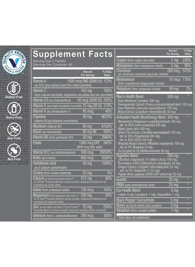 The Vitamin Shoppe فيتامينات متعددة للرجال الذهبية عالية الفعالية مزيج طاقة ومضادات أكسدة يومي مكمل متعدد المعادن لصحة الرجال المثلى خالي من الجلوتين والألبان (180 قرص) - Image 3