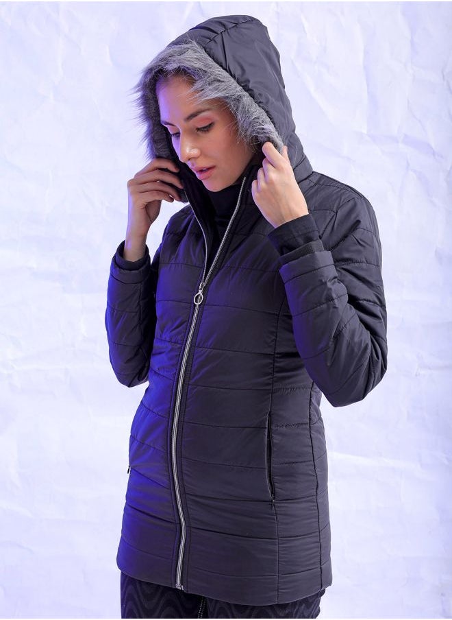 Freehand - Women Casual Slim Fit Long Sleeve Basic Parka With Fur Insert At Hood - Image 1