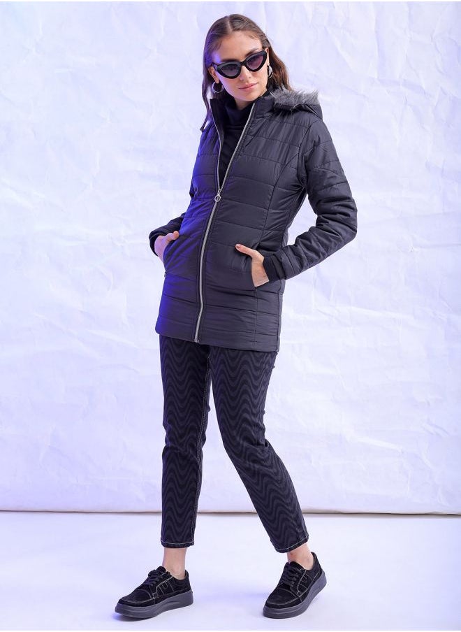 Freehand - Women Casual Slim Fit Long Sleeve Basic Parka With Fur Insert At Hood - Image 1