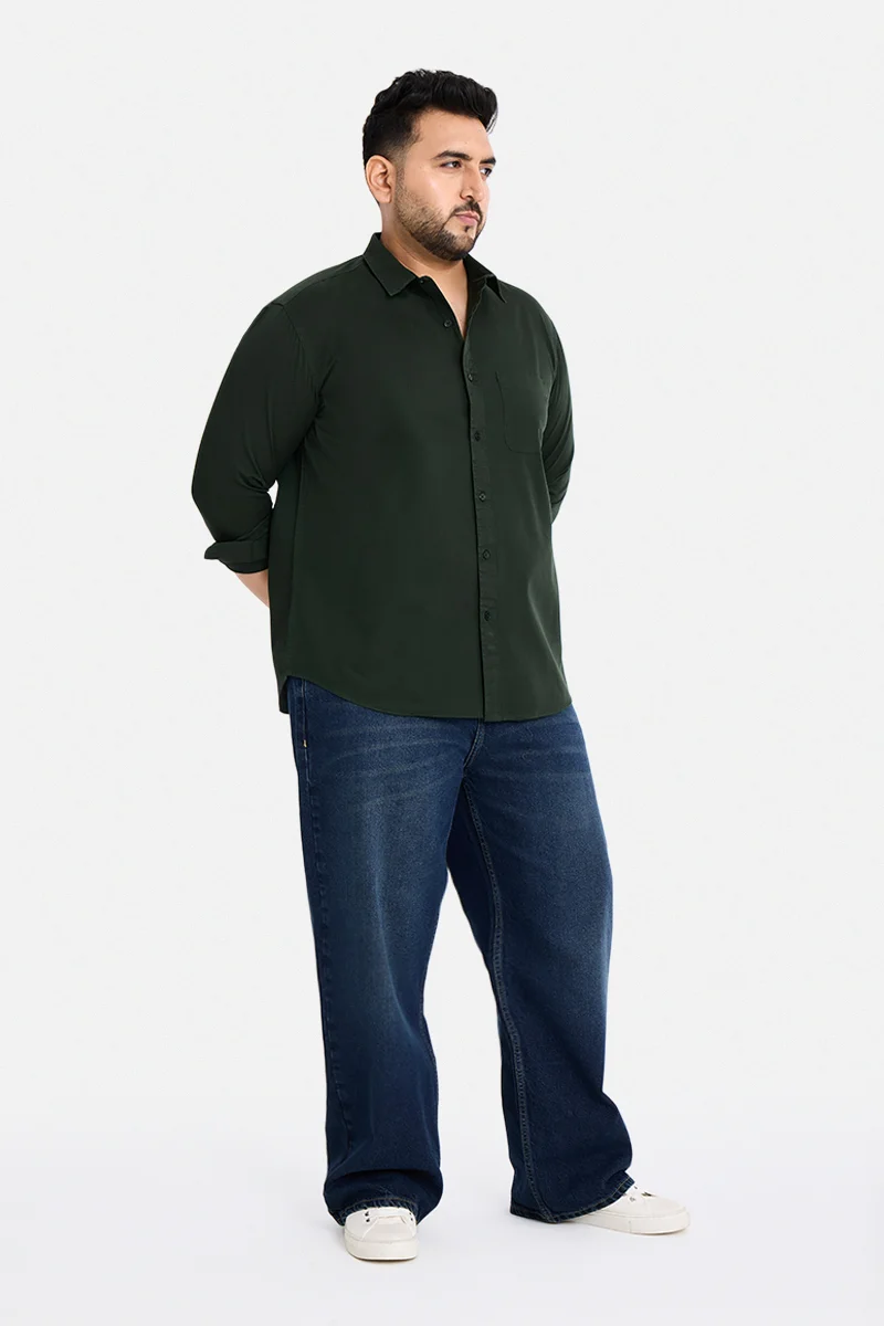 سنيتش Dark Green Solid Long Sleeve Regular Fit Casual Plus Size Shirt