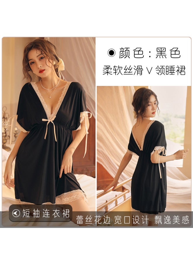 Plus Size V-Neck Ice Silk Nightdress – Short Length, Slimming