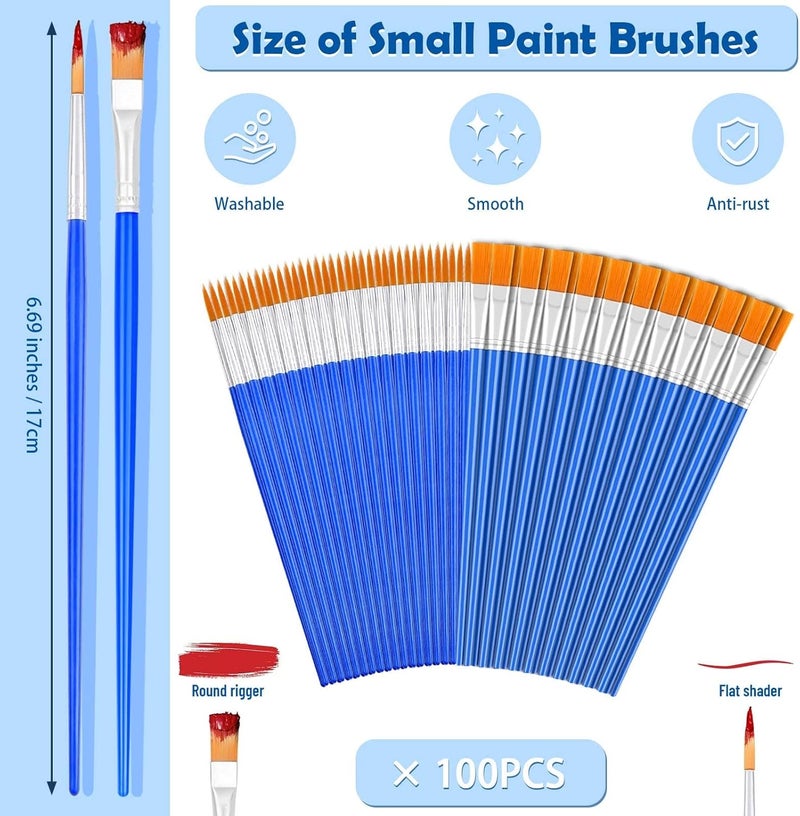 anezus Small Paint Brushes Bulk, 100 Pcs Flat and Round Pointed Brushes Craft Paint Brushes for Classroom Watercolor Canvas Face Painting - Image 3