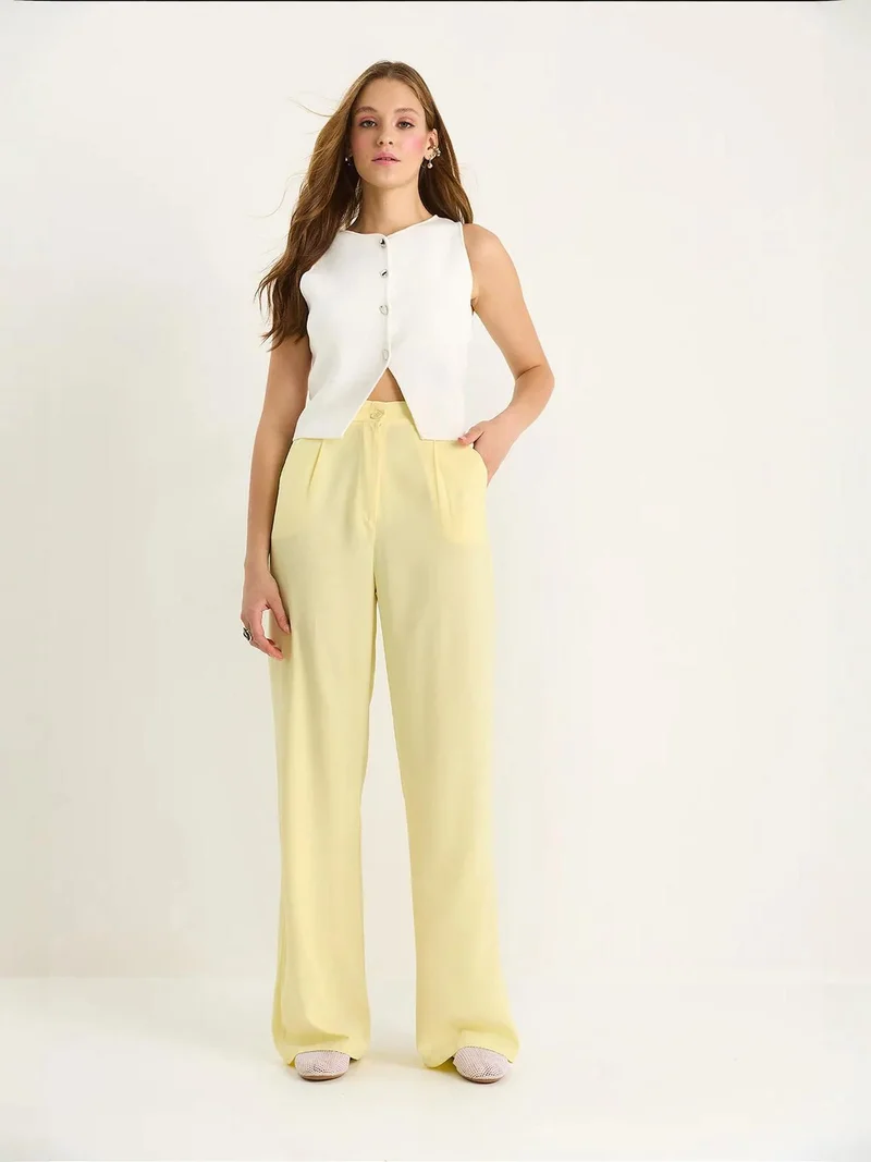 Bianco Lucci LUCCI High Waist Palazzo Pants with Button Closure