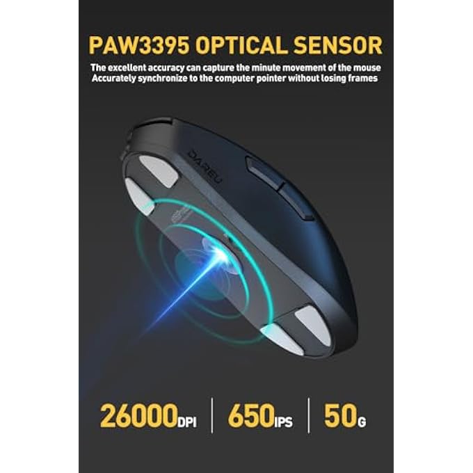 DAREU A950PRO 4K WIRELESS GAMING MOUSE:55G ULTRA-LIGHTWEIGHT,4KHZ POLLING RATE,PAW3395 OPTICAL SENSOR,26K DPI,5 PROGRAMMABLE BUTTONS,SUPPORT 15MIN FAST CHARGING &TRI-MODE CONNECTION (BLACK) - Image 3