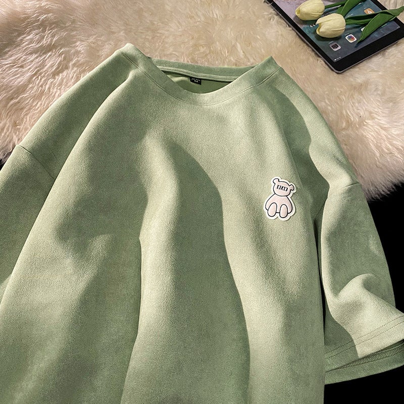 Suede Short-Sleeved T-Shirt Men'S 2023 American Style Retro Casual Heavy-Weight Mid-Sleeved Oversize Summer Fashion Brand Half-Sleeved - Image 1