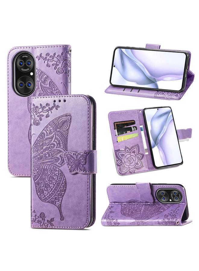 Zaboon Case For Huawei P50 Pro Butterfly Love Flowers Embossed Horizontal Flip Leather Case with Holder & Card Slots & Wallet & Lanyard - Image 1