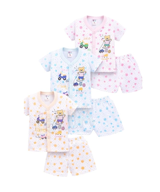 BONUM Baby's Boy's Girl's 100% Cotton Button Shirt with Short Pant Set of 3 Half Sleeves New Born Baby Clothes - Image 1
