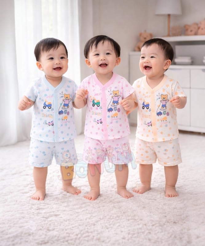 BONUM Baby's Boy's Girl's 100% Cotton Button Shirt with Short Pant Set of 3 Half Sleeves New Born Baby Clothes - Image 2