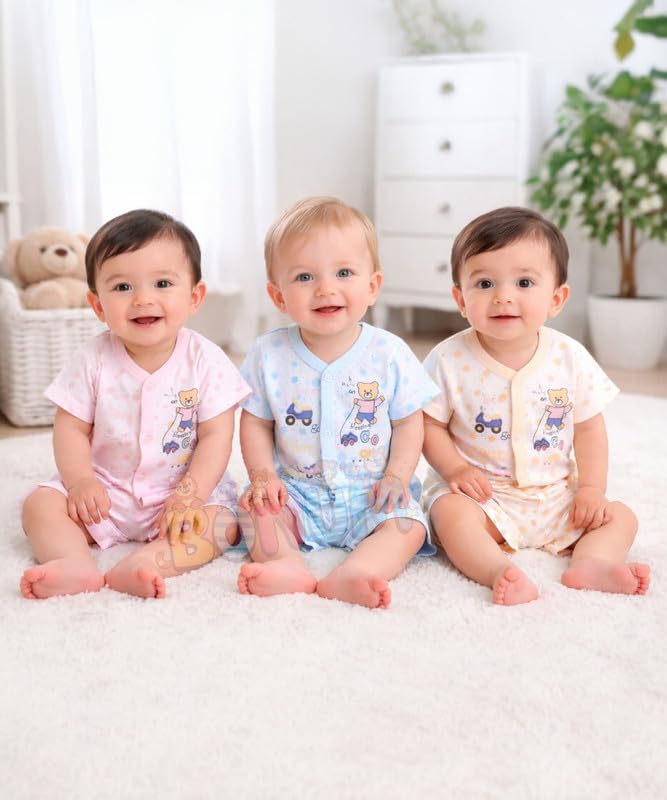 BONUM Baby's Boy's Girl's 100% Cotton Button Shirt with Short Pant Set of 3 Half Sleeves New Born Baby Clothes - Image 5