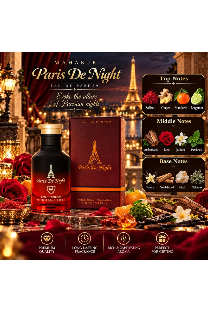 mahabub Paris De Night Red Eau De Parfum 100ml | Spicy, Floral & Woody Fragrance