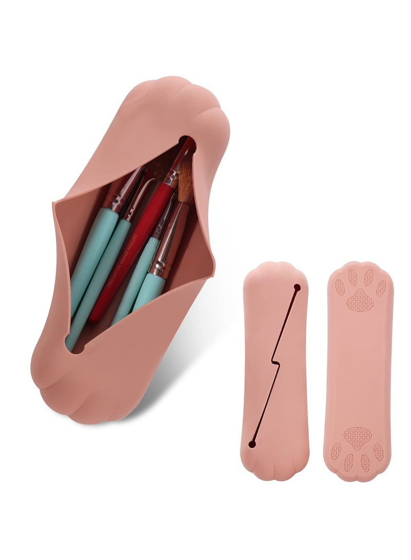 SYOSI SYOSI Travel Makeup Brush Bag, Silicone Makeup Brush Storage Bag  Portable Makeup Brush Holder Soft Silicone Makeup Tools Organizer for Women Small Cosmetic Bag for Travel  (Pink Brown)  - Image 1