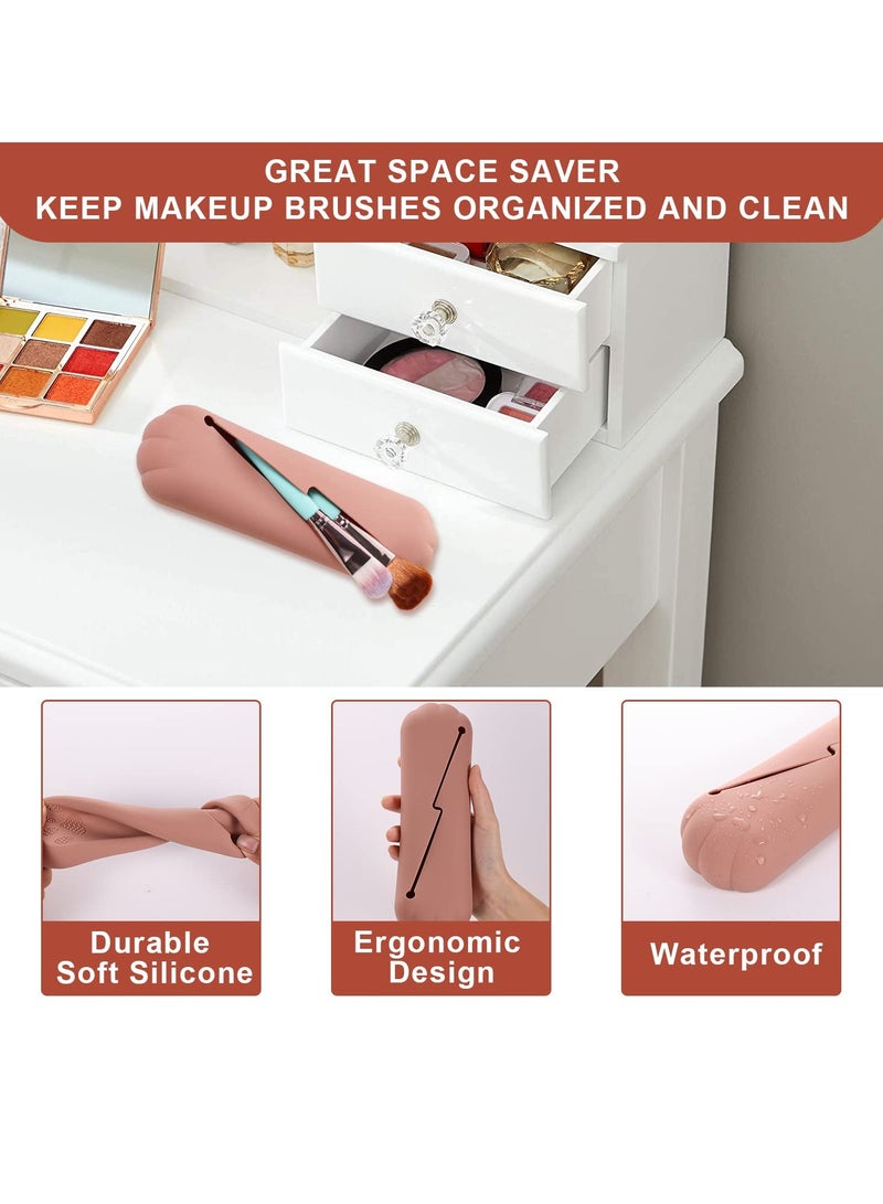 SYOSI SYOSI Travel Makeup Brush Bag, Silicone Makeup Brush Storage Bag  Portable Makeup Brush Holder Soft Silicone Makeup Tools Organizer for Women Small Cosmetic Bag for Travel  (Pink Brown)  - Image 3