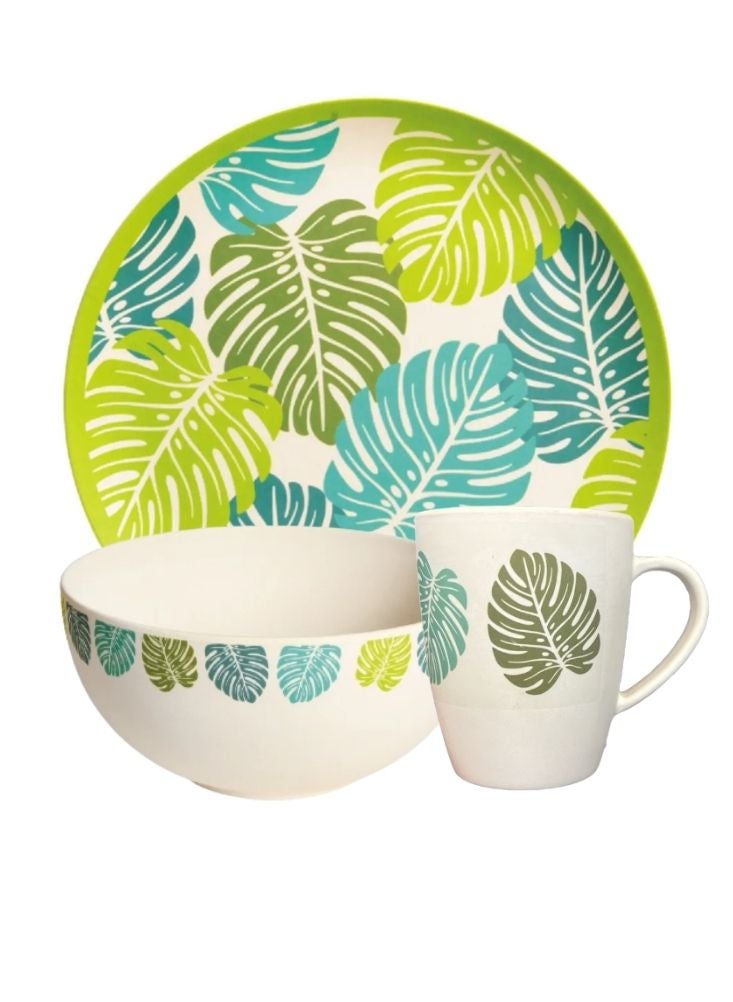 تروبيكال طقم عشاء من الخيزران بطبعة أوراق استوائية - طبق ووعاء وكوب