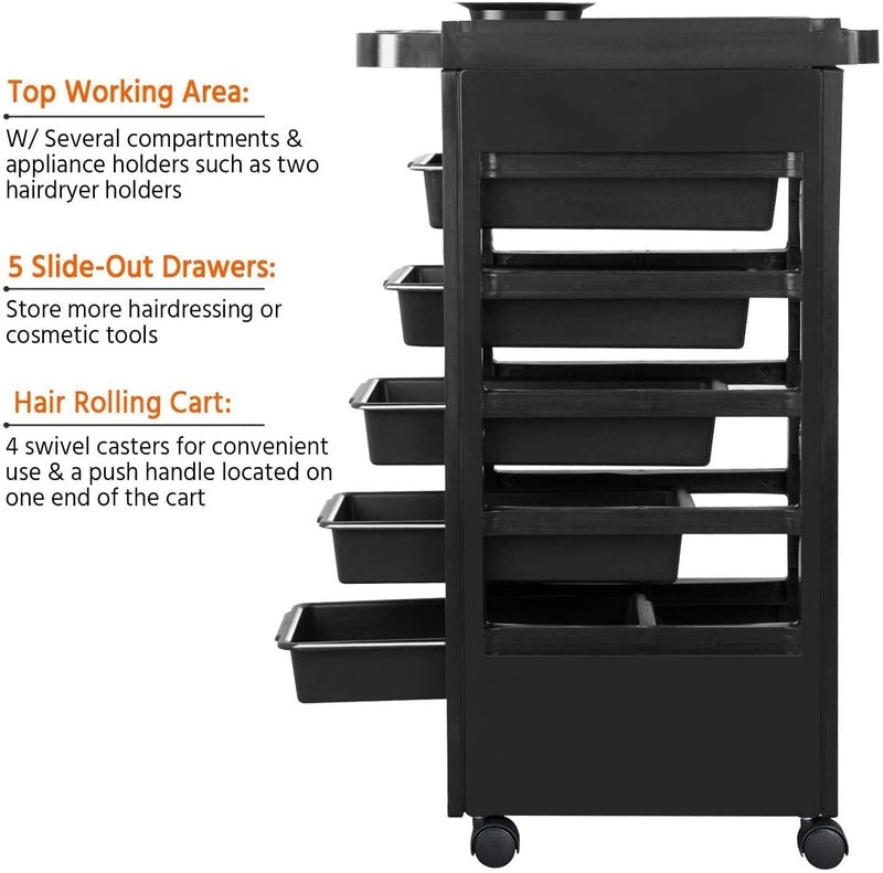 Sweetpea SWEETPEAFx 5 Layer Salon SPA Beauty Hairdressing Rolling Trolley Cart with Drawers Hair Dryer Service Tray Tool Storage Cart Black 5 DrawersTrolley  - Image 5