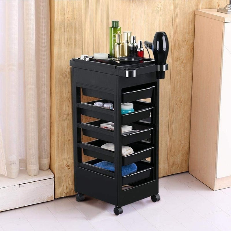 Sweetpea SWEETPEAFx 5 Layer Salon SPA Beauty Hairdressing Rolling Trolley Cart with Drawers Hair Dryer Service Tray Tool Storage Cart Black 5 DrawersTrolley  - Image 1