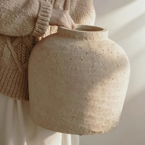 Tuioyoc Large Ceramic Vase, 11" Rustic Farmhouse Terracotta Vase for Home Decor, Artisan Decorative Flower Vase for Living Room, Table Centerpiece, Bedroom (Terracotta Beige) - Image 1