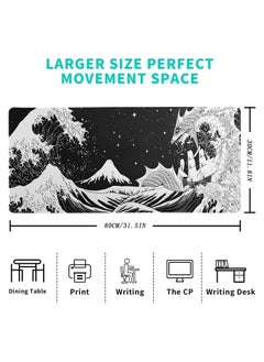 TREYO Black and White Japanese Wave Dragon Design Large Gaming Mouse Pad – 800 * 300 * 3mm XL Desk Mat | Anti-Slip Base & Spill-Resistant | Stitched Edges for Long-Lasting Durability | Perfect for Keyboard & Mouse Setup  - Image 3