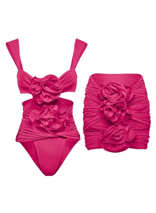 Swimsuit Women's Three-dimensional Flower Decorative Long-sleeved Tube Top Solid Color Swimsuit Suit