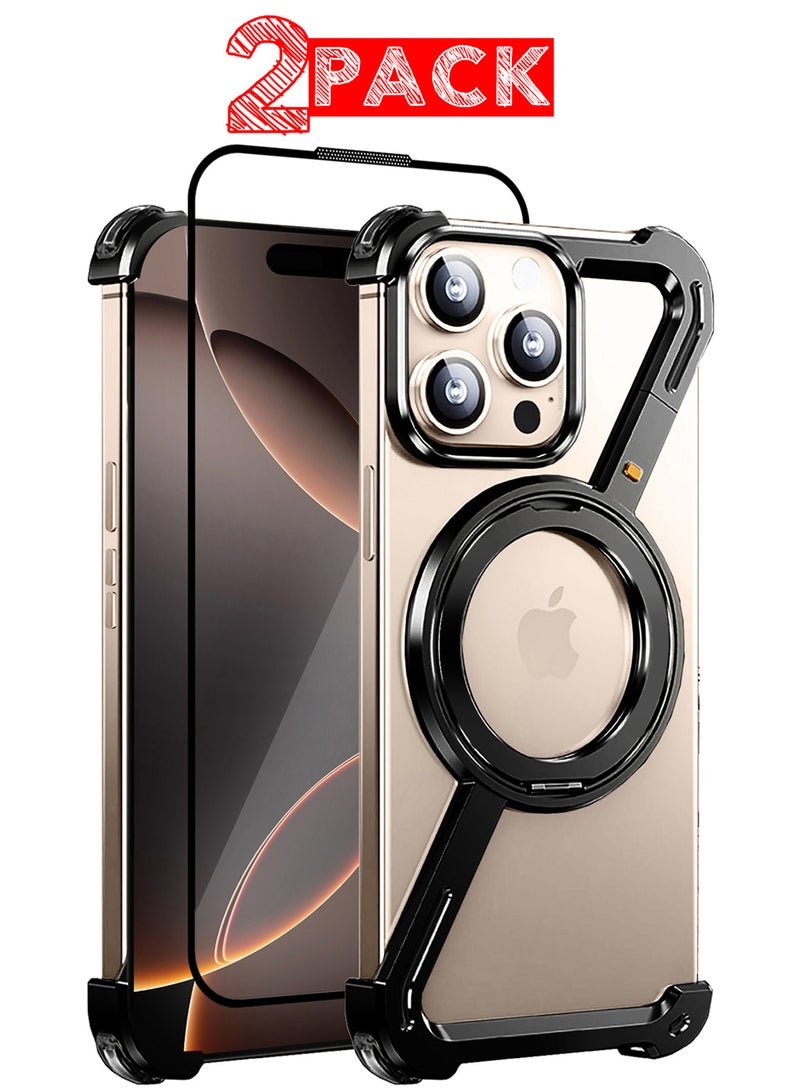 (لـ iPhone 16 Pro Max) حزمة 2 غلاف وواقي شاشة دوران 360°، حامل من الألمنيوم والمعدن، بدون إطار، غلاف واقي بمستوى صدمة أسود - Image 1