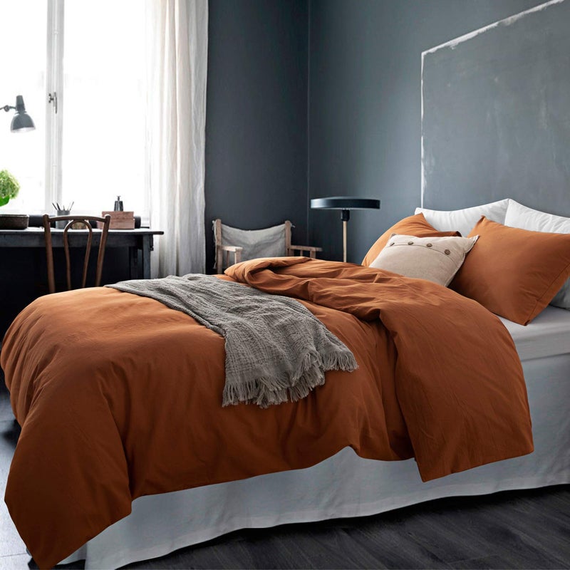 ECOCOTT Brown Duvet Cover Queen Size, 3 Piece 100% Washed Cotton 1 Duvet Cover with Zipper and 2 Pillowcases, Ultra Soft and Easy Care Breathable Cozy Bedding Set(Brown,Queen) - Image 2