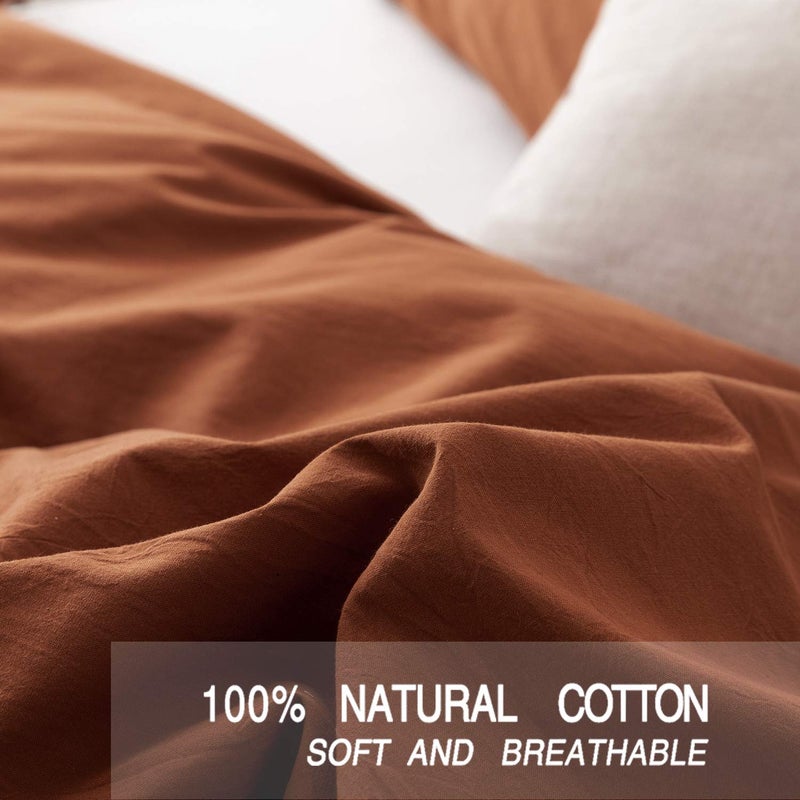 ECOCOTT Brown Duvet Cover Queen Size, 3 Piece 100% Washed Cotton 1 Duvet Cover with Zipper and 2 Pillowcases, Ultra Soft and Easy Care Breathable Cozy Bedding Set(Brown,Queen) - Image 3