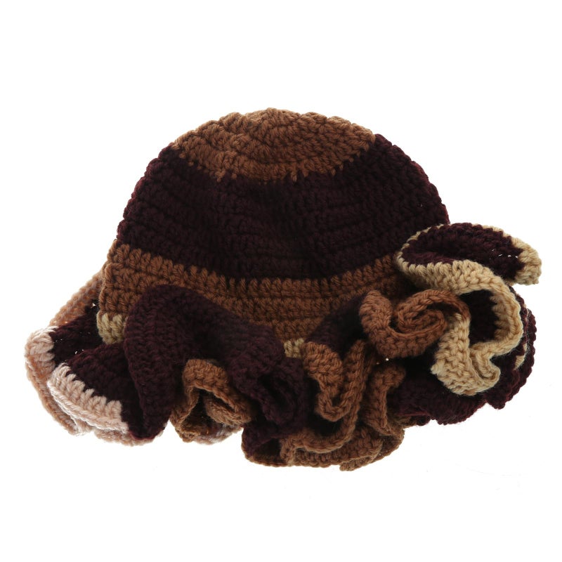 QERPON Handmade Crochet Bucket Hat for Woman Teen Outdoor Commute Fisherman Hat Ruffled Brim Winter Windproof Hat - Image 1