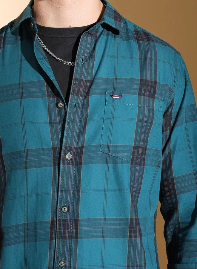 The Indian Garage Co Men Slim Fit Checkered Full Sleeves Cutaway Collar Casual Shirt