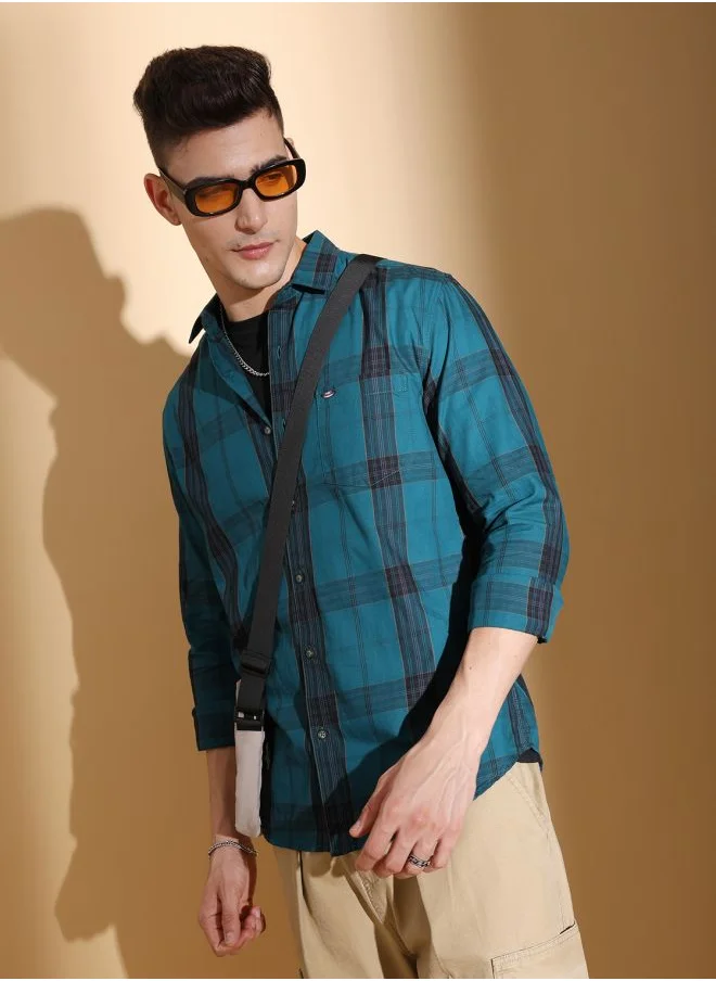 شركة المرآب الهندية Men Casual Slim Checkered Collared Neck Full Sleeves Shirt