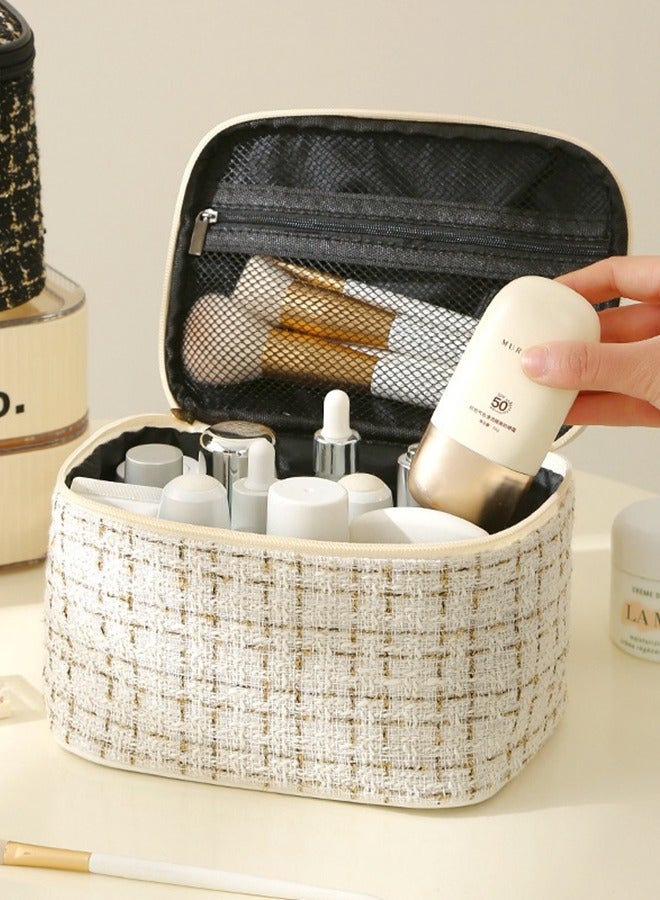 Large-capacity Hand Makeup Bag Travel Portable Cosmetics Portable Storage Bag for Travel - high-end Small Fragrance handbag for cosmetics storage Travel Storage for Cosmetics and Toiletries Woven Style Makeup Bag  White - Image 1