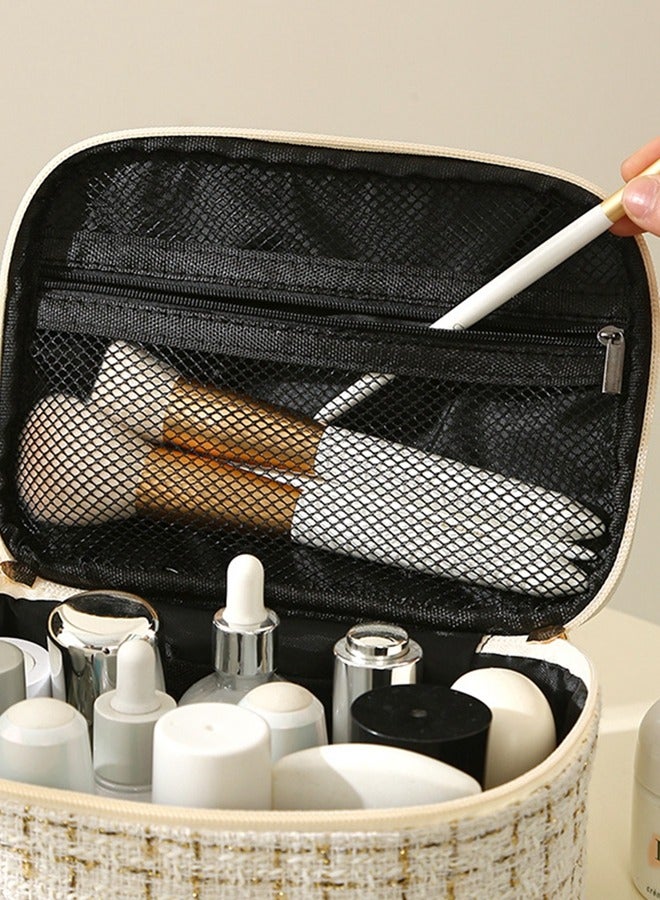 Large-capacity Hand Makeup Bag Travel Portable Cosmetics Portable Storage Bag for Travel - high-end Small Fragrance handbag for cosmetics storage Travel Storage for Cosmetics and Toiletries Woven Style Makeup Bag  White - Image 3