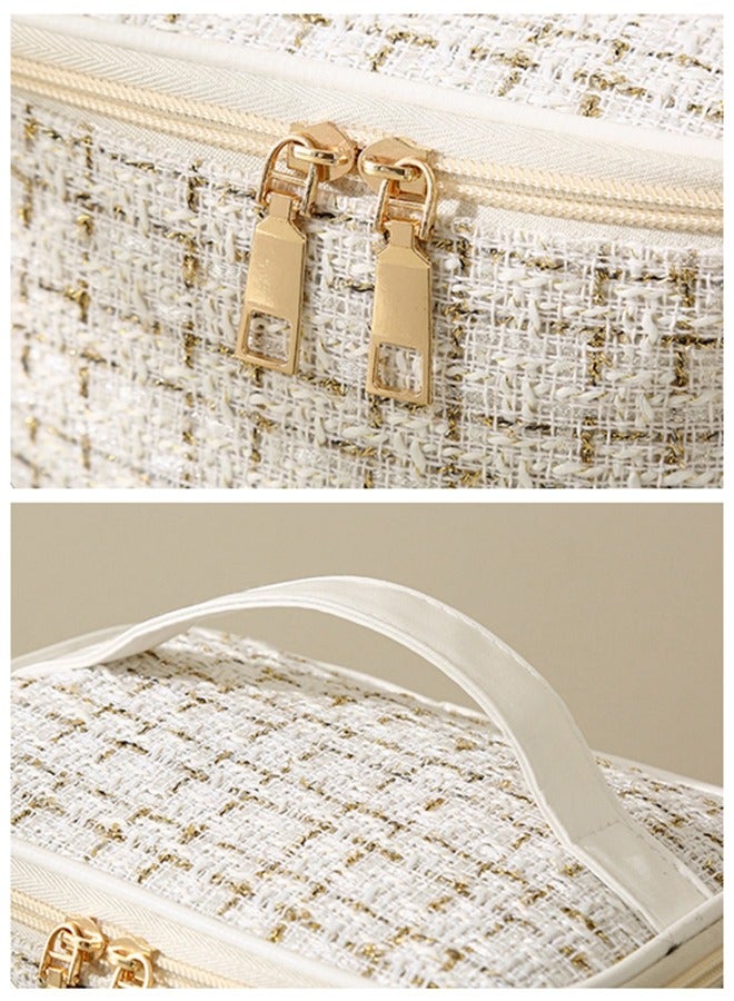 Large-capacity Hand Makeup Bag Travel Portable Cosmetics Portable Storage Bag for Travel - high-end Small Fragrance handbag for cosmetics storage Travel Storage for Cosmetics and Toiletries Woven Style Makeup Bag  White - Image 4