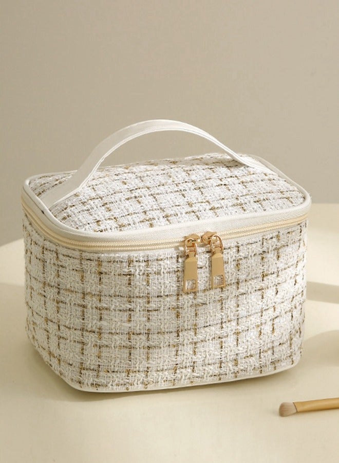 Large-capacity Hand Makeup Bag Travel Portable Cosmetics Portable Storage Bag for Travel - high-end Small Fragrance handbag for cosmetics storage Travel Storage for Cosmetics and Toiletries Woven Style Makeup Bag  White - Image 5