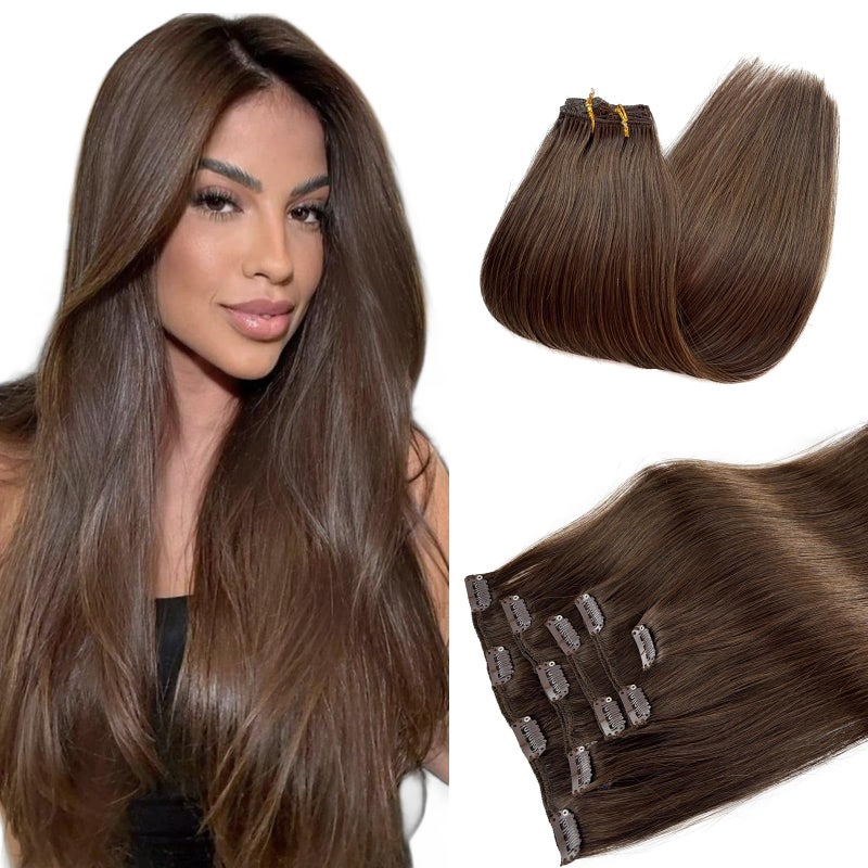 إضافات شعر بشري قابلة للتثبيت 4 بني متوسط 22 بوصة للشعر الطويل المستقيم الناعم الحقيقي ريمى بشري
